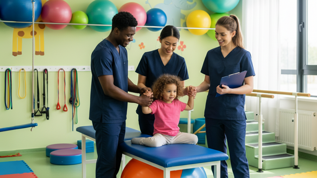 Profissionais de saúde multidisciplinares discutindo integração de terapias no autismo.