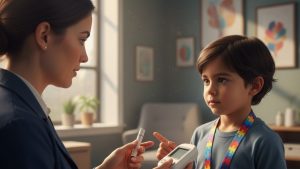 Profissional de saúde orientando uma criança durante a medição de glicemia, em um consultório iluminado e acolhedor. A criança usa um colar com peças em formato de quebra-cabeça coloridas.