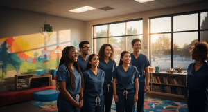Profissionais de saúde sorrindo em uma clínica infantil colorida, reunidos em equipe diante de uma parede ilustrada e janelas amplas ao fundo.